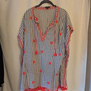 J.Crew Blue and White Striped Kaftan with Pink Accents